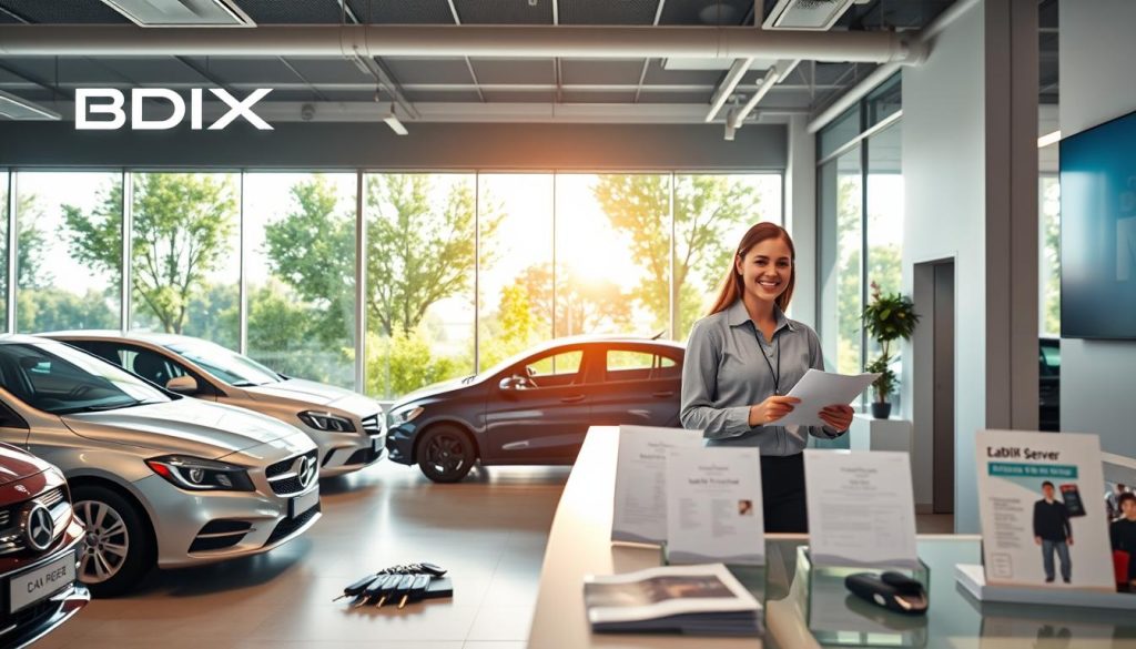 A bright and inviting car rental office, featuring a modern, sleek design with large windows showcasing a variety of cars available for rent, including sedans and SUVs, parked outside. In the foreground, a professional-looking staff member in business attire stands at a reception desk, assisting a smiling customer with paperwork. The middle ground highlights a well-organized display of car keys and brochures about rental options. In the background, lush greenery can be seen outside, with the sun casting warm, golden light through the windows, creating a friendly atmosphere. The image should evoke a sense of convenience and professionalism, emphasizing the ease of renting a car through the service. The brand "BDIX Server" is subtly integrated into the office's decor without dominating the scene.