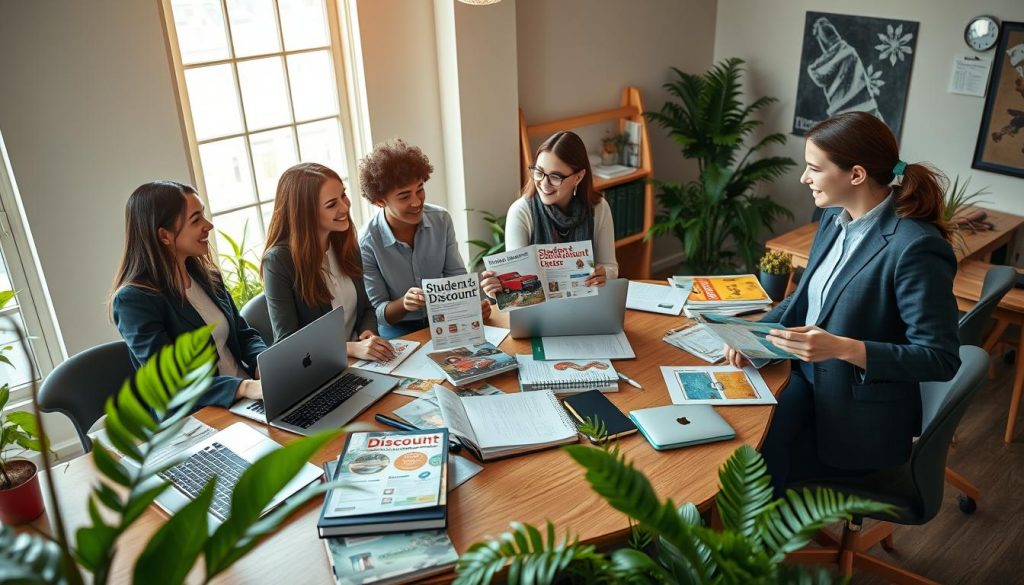 A bright, inviting study space illustrating the concept of student and military discounts. In the foreground, a diverse group of three students, dressed in business casual attire, enthusiastically discuss and compare discount flyers, with one displaying a "Student Military Discount" brochure. In the middle, a stylish wooden desk is cluttered with laptops, notebooks, and discount advertisements, showcasing various benefits, while a large window in the background lets in warm, natural light, creating a cheerful atmosphere. Green plants are placed around the room, adding freshness to the environment. The angle is slightly above eye-level, offering a broad perspective of the engaging scene. The overall mood is collaborative, informative, and optimistic, focusing on the value of saving money through discounts.