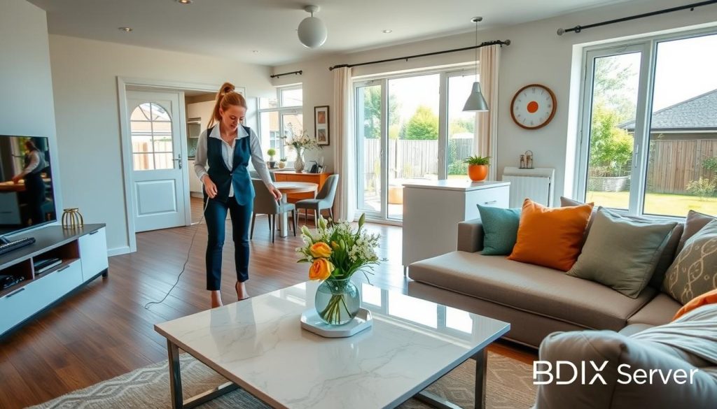 A charming short-term rental property in a suburban neighborhood, featuring a tastefully decorated living room with modern furniture and subtle pops of color, reflecting a welcoming atmosphere. In the foreground, a professional cleaner in smart casual attire meticulously dusts a stylish coffee table adorned with fresh flowers. In the middle, the open-plan kitchen showcases gleaming appliances and a spotless countertop, hinting at the property’s maintenance coordination. The background reveals a sunny garden visible through large windows, filling the space with natural light. The scene is captured with a wide-angle lens, conveying warmth and inviting energy, ideal for showcasing a well-maintained rental. The image includes subtle branding for "BDIX Server".