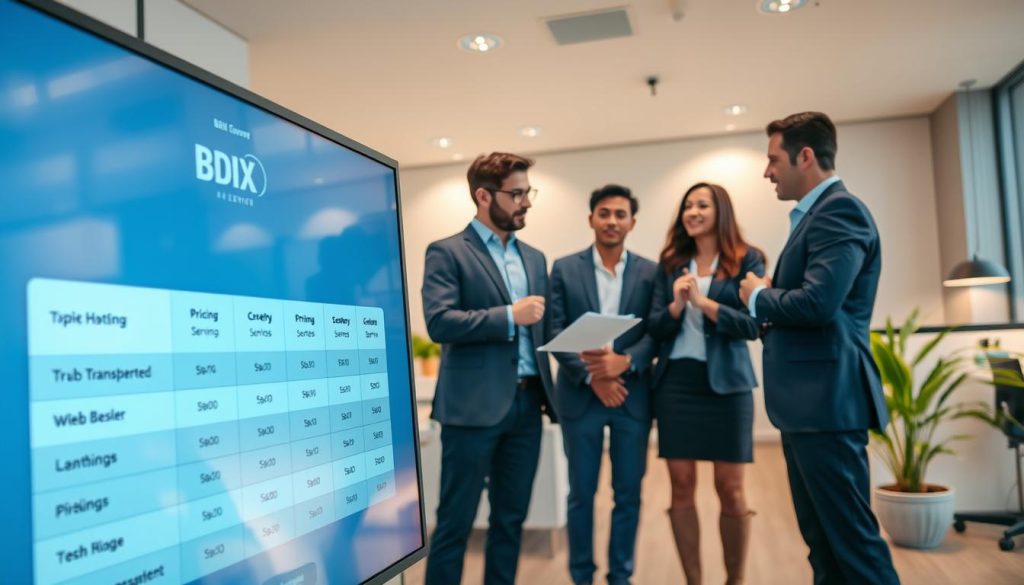 A clean and modern office setting showcasing a large digital display screen in the foreground, presenting a clear, easy-to-read pricing chart for web hosting services branding "BDIX Server". In the middle ground, a diverse group of professionals in business attire are engaged in discussion, analyzing the transparent pricing structures with thoughtful expressions. The background features a sleek workspace with soft, diffused lighting that creates a calm and inviting atmosphere. A few potted plants add a touch of greenery, enhancing the freshness of the scene. The composition is captured from a slightly elevated angle, giving an overview of the interaction while emphasizing clarity and trust in pricing transparency. The mood is professional yet approachable, promoting an environment of understanding and collaboration.
