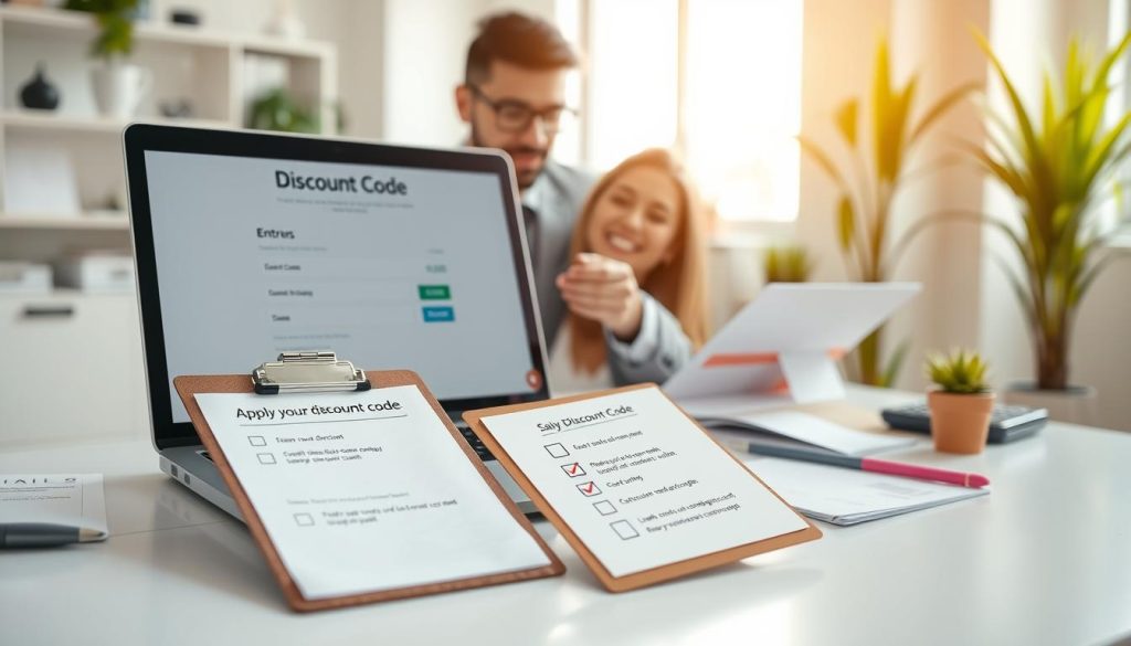 A clean, modern workspace featuring a laptop open to a discount code entry page, surrounded by documents and a calculator. In the foreground, a clipboard with a checklist showing steps to apply a discount code. The middle ground includes a cheerful person in smart casual attire examining the screen, with a look of concentration, ready to save money. The background is softly blurred, showing a well-organized office with plants and a window letting in warm, natural light. The atmosphere is focused and productive, conveying a sense of ease and positivity about the savings process. Ideal for illustrating a step-by-step guide.