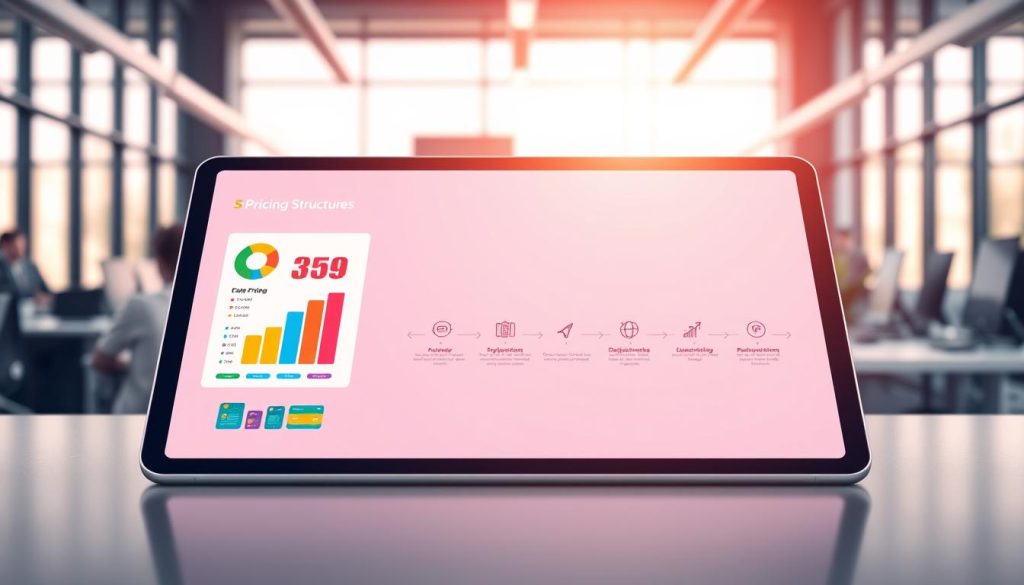 A clean, professional illustration depicting "Pricing Structures and Deployment Timelines" in a business context. In the foreground, a sleek digital tablet displaying a vibrant, color-coded pricing chart, with pie charts and bar graphs representing different pricing tiers. The middle features stylized timelines in a horizontal format, with icons representing different deployment stages, interconnected with arrows. In the background, a blurred modern office environment, filled with high-tech equipment and large windows allowing natural light to filter in, creating a bright and optimistic atmosphere. Use warm lighting to evoke a sense of professionalism and clarity, with a shallow depth of field to focus attention on the tablet and timelines.