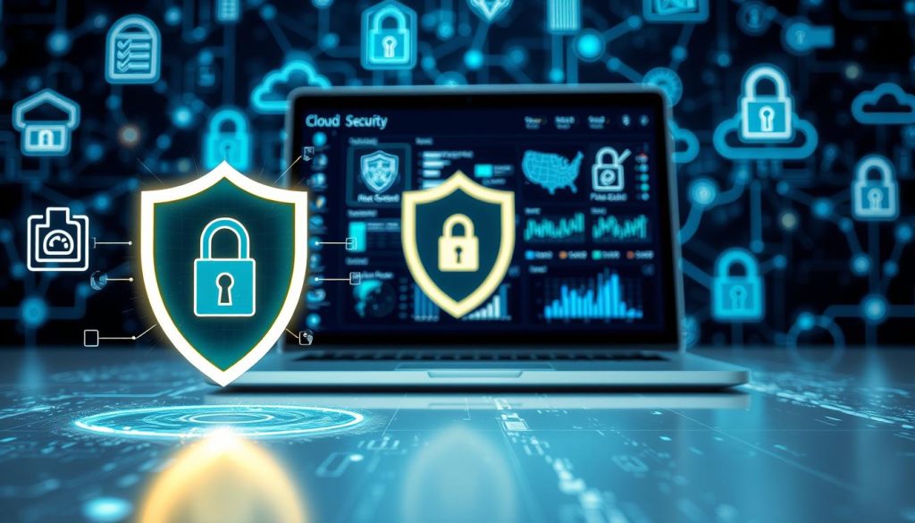 A close-up view of a modern digital security interface, showcasing various security features like firewalls, malware scanning, and encryption icons. In the foreground, emphasis on a glowing shield symbol, representing protection, surrounded by holographic data streams and lock icons. The middle ground features a sleek laptop displaying a security dashboard with real-time analytics, while in the background, a cyber landscape filled with abstract representations of cloud storage and network connectivity. The lighting is sharp and futuristic, with a blue and green color palette creating a high-tech atmosphere. Use a slightly elevated angle to capture depth, emphasizing the importance and reliability of digital security in cloud hosting.