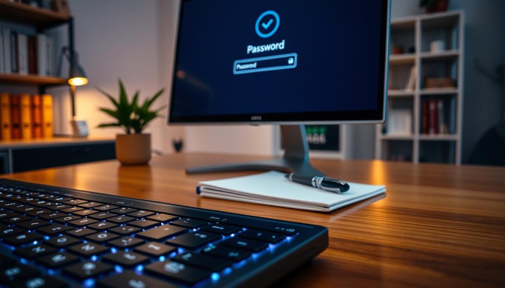 A close-up view of a sleek computer screen displaying a password prompt interface on a dark-themed login page, showcasing a blinking cursor in the password input field. The foreground features a modern, minimalistic keyboard with soft backlighting that glows in soft blues and purples. In the middle ground, a polished wooden desk reflects gentle, warm overhead lighting, casting a slight glow on a professional notebook and a stylish pen. The background includes hints of an organized workspace with a potted plant and a blurred, filled book shelf to suggest a creative and professional environment. The overall atmosphere is secure and focused, evoking a sense of diligence in configuring credentials for heightened security.