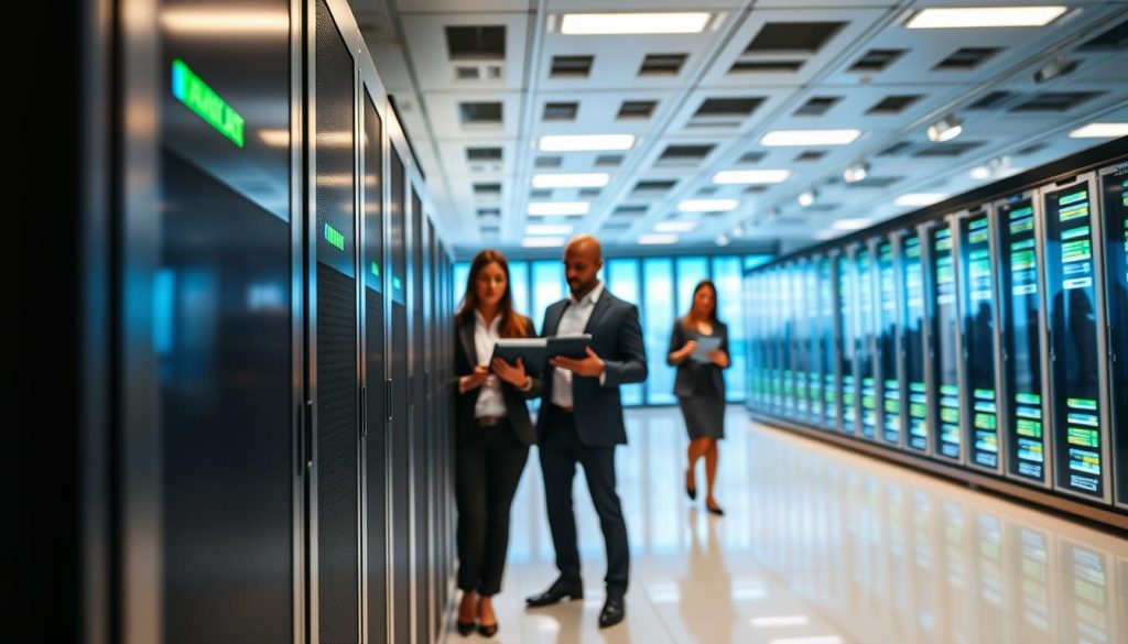 A close-up view of a sleek, modern data center showcasing dedicated object storage servers, positioned prominently in the foreground. The sleek servers have luminous LED indicators, reflecting a sense of advanced technology. In the middle ground, visualize a team of diverse professionals in smart business attire, engaging in discussion while examining data on tablets or laptops, embodying collaboration and innovation. The background should feature rows of high-tech storage units with a soft blue and green glow, symbolizing efficient, secure storage solutions. Ensure the lighting is bright yet soft, mimicking a futuristic workspace ambiance, with reflections on smooth surfaces. Capture a sense of reliability and sophistication in the atmosphere, emphasizing the importance of dedicated object storage.