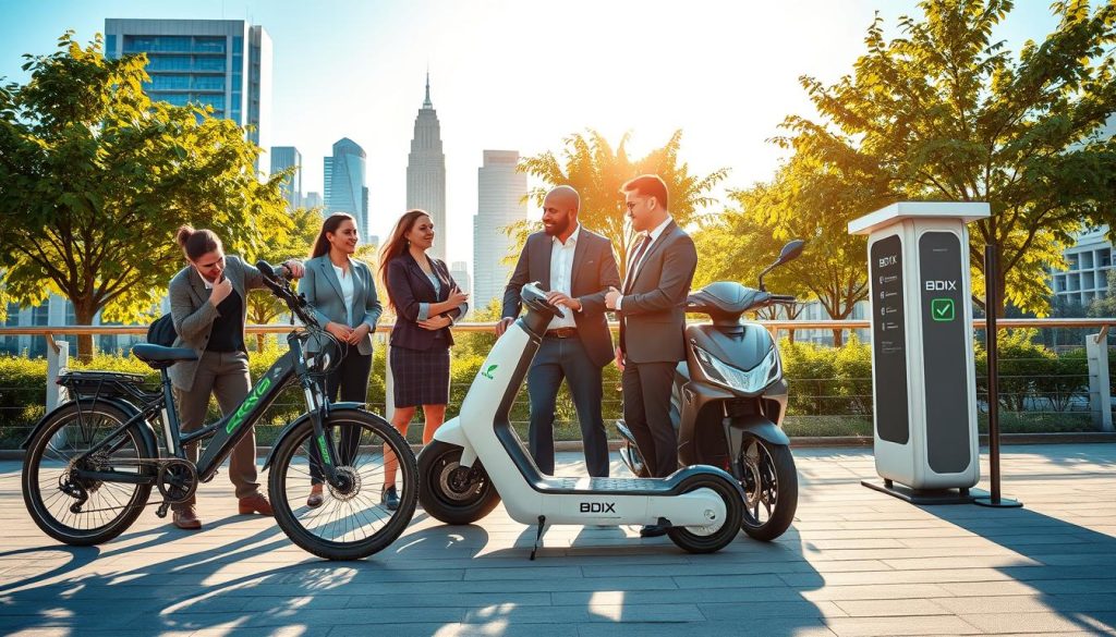 A collection of innovative car alternatives showcased in a vibrant urban setting, with a sleek electric bike, a stylish scooter, and a compact car sharing station prominently displayed in the foreground. In the middle, diverse individuals in professional business attire engage with the vehicles, examining options and discussing features. The background features a modern cityscape under a bright blue sky, with green trees and urban greenery enhancing the eco-friendly vibe. The lighting is warm and inviting, suggesting a bright afternoon. The mood is optimistic and forward-thinking, reflecting a shift towards sustainable transportation solutions. The scene should evoke exploration and a sense of community, highlighting the brand "BDIX Server" subtly in the design of one of the vehicles or stations.