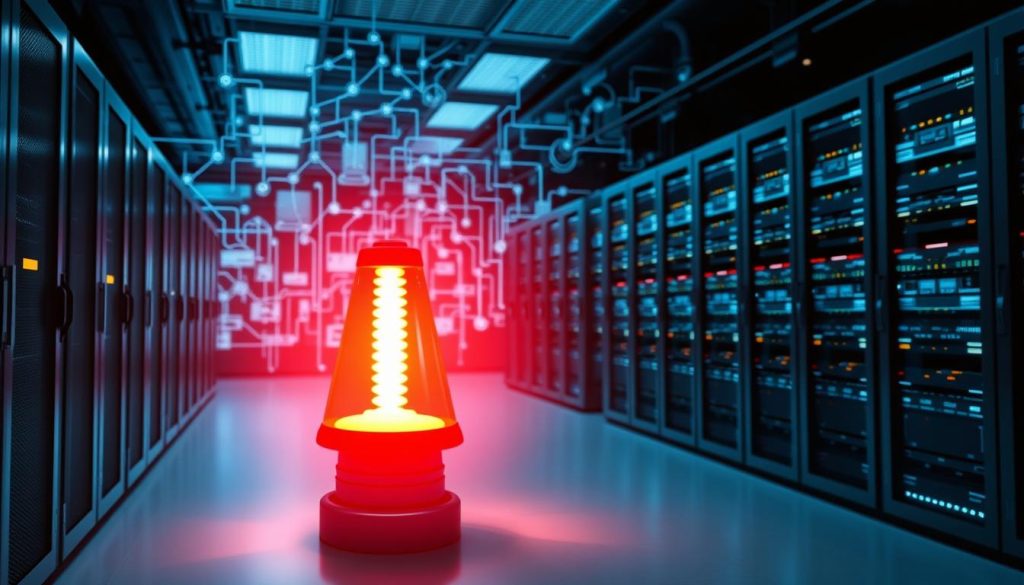 A conceptual illustration depicting "Single Points of Failure" in an IT infrastructure. In the foreground, a sleek server room filled with high-tech servers, glowing lights indicating functioning systems. In the middle ground, a large, illuminated red warning light symbolizes danger and potential failure. Background features a digital blueprint of an interconnected network, with visible nodes connecting to various devices, exemplifying a robust high-availability architecture. The lighting is dramatic, with sharp contrasts highlighting the servers and the warning light, casting deep shadows to create a sense of urgency. The atmosphere conveys the importance of reliability in cloud hosting. The image has a professional tone, suitable for a business-oriented article.