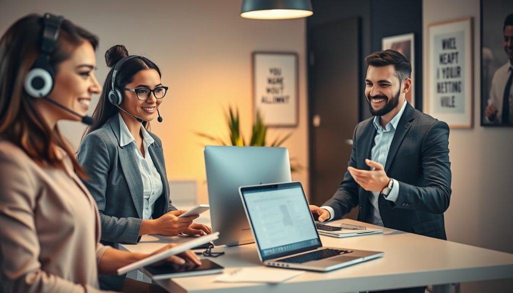 A cozy and modern customer support office environment, featuring a diverse group of three professional customer support representatives engaging with clients. In the foreground, a woman in a smart business attire, wearing a headset, attentively listens to a caller while taking notes. Beside her, a man in a business casual outfit is seen providing assistance on a computer, with a welcoming smile on his face. In the middle ground, a sleek desk with a monitor, keyboard, and customer support materials is visible, showcasing a laptop displaying a help desk interface. The background features warm, ambient lighting with soft-focus elements of a plant and motivational posters on the walls, creating a calm and approachable atmosphere. The composition should have a slightly elevated angle that captures the teamwork and dedication to customer service.