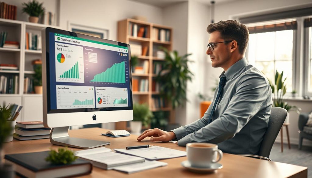 A cozy office environment, showcasing a computer screen displaying the QuickBooks desktop application, prominently featuring financial graphs and various accounting tools. In the foreground, a well-dressed business professional in business casual attire, such as a collared shirt and smart trousers, intently analyzes the data on the screen, with a look of concentration. The middle ground includes a clean, organized desk with financial documents, a notebook, and a cup of coffee, all reflecting productivity. The background shows a softly lit room with bookshelves and indoor plants, creating a welcoming atmosphere. The lighting is bright yet warm, suggesting a positive and efficient workspace. The angle is slightly angled from above, giving an immersive view into the scene while maintaining a focus on the QuickBooks desktop interface.