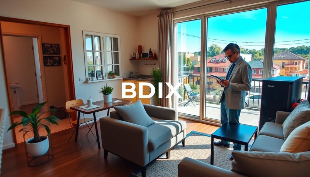 A cozy short-term rental property nestled in a vibrant neighborhood, featuring a welcoming entrance with a potted plant and warm lighting. The foreground showcases a tastefully furnished living room with stylish furniture, a small dining table, and tasteful decorations, creating an inviting atmosphere. In the middle, there's a well-appointed kitchen neatly organized, with modern appliances and utensils. The background reveals a charming balcony overlooking colorful houses and greenery, under a clear blue sky. The image captures natural sunlight streaming through large windows, highlighting the comfortable and bright interior. A person dressed in professional attire is seen reviewing a tablet, symbolizing the challenges of managing short-term rentals. The scene conveys a mix of warmth, professionalism, and the lively energy of a rental environment. The entire composition highlights the brand name "BDIX Server".