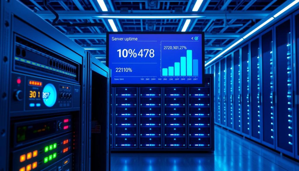 A detailed digital illustration depicting server uptime benchmarks in a sleek, modern data center. In the foreground, a high-tech server rack equipped with blinking LED lights and temperature gauges, symbolizing performance metrics. The middle of the image showcases a large digital display screen showing uptime percentages and graphs, emphasizing server reliability on a vibrant background. In the background, rows of servers are illuminated by soft, cool blue lighting, creating a tech-savvy atmosphere. The perspective is slightly elevated to capture both the foreground details and the expansive data center environment. The overall mood is professional and focused, radiating efficiency and technological advancement. The scene should be clear and clean, without any text or branding elements. A detailed digital illustration depicting server uptime benchmarks in a sleek, modern data center. In the foreground, a high-tech server rack equipped with blinking LED lights and temperature gauges, symbolizing performance metrics. The middle of the image showcases a large digital display screen showing uptime percentages and graphs, emphasizing server reliability on a vibrant background. In the background, rows of servers are illuminated by soft, cool blue lighting, creating a tech-savvy atmosphere. The perspective is slightly elevated to capture both the foreground details and the expansive data center environment. The overall mood is professional and focused, radiating efficiency and technological advancement. The scene should be clear and clean, without any text or branding elements.