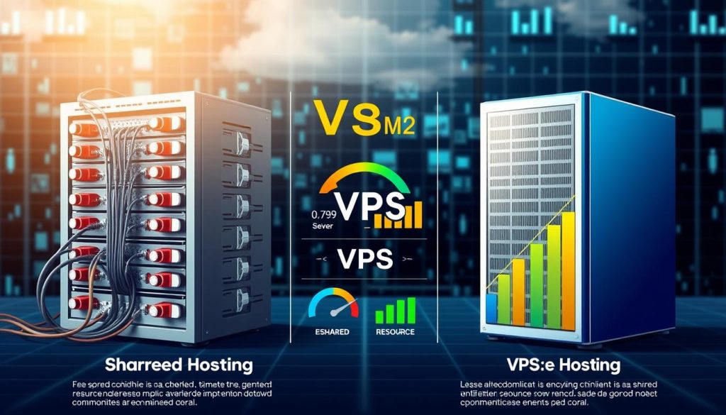 A detailed infographic illustrating the performance differences between shared hosting and VPS hosting. In the foreground, display two distinct servers; one representing shared hosting with multiple cables and users connected, showing limited resources and crowded space, and the other portraying a VPS server, sleek and modern, with fewer connections and clearer pathways, symbolizing dedicated resources. In the middle, add performance metrics like speed indicators and resource allocation graphs. The background should be a blend of a digital grid or cloud imagery, indicating the online environment. Use bright, contrasting colors for the shared hosting side and cooler, more professional tones for the VPS side. Bright lighting enhances clarity and focus, while a slight upward angle gives a sense of growth and potential. The mood should be informative and analytical. A detailed infographic illustrating the performance differences between shared hosting and VPS hosting. In the foreground, display two distinct servers; one representing shared hosting with multiple cables and users connected, showing limited resources and crowded space, and the other portraying a VPS server, sleek and modern, with fewer connections and clearer pathways, symbolizing dedicated resources. In the middle, add performance metrics like speed indicators and resource allocation graphs. The background should be a blend of a digital grid or cloud imagery, indicating the online environment. Use bright, contrasting colors for the shared hosting side and cooler, more professional tones for the VPS side. Bright lighting enhances clarity and focus, while a slight upward angle gives a sense of growth and potential. The mood should be informative and analytical.