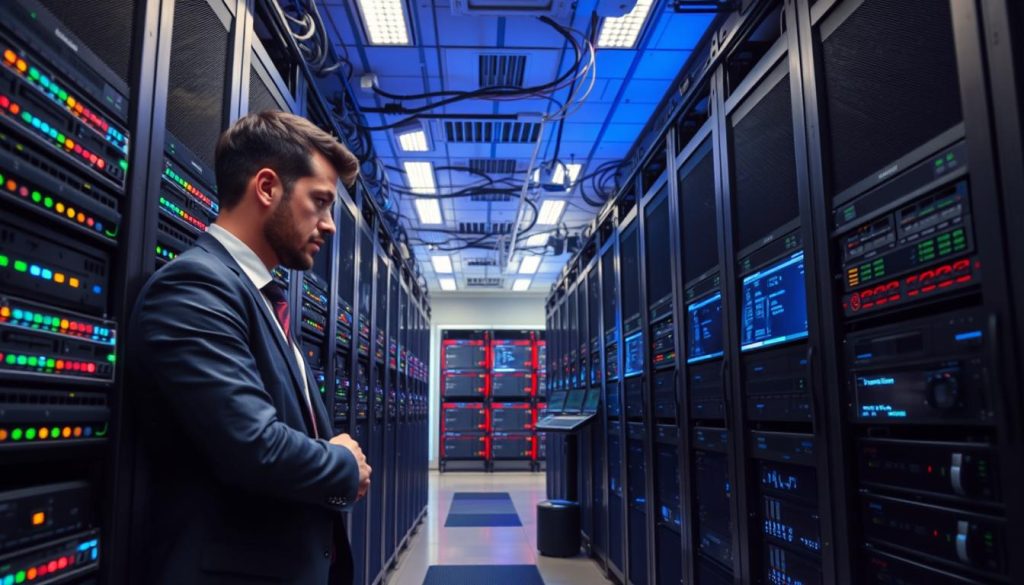 A detailed on-premises infrastructure setup, showcasing a secure server room filled with modern racks of servers and networking equipment. In the foreground, there's a technician in professional business attire, intently examining a server. The middle ground features several rows of well-organized server racks with LED indicators, while the background includes a control panel with monitors displaying system metrics. The lighting is bright and focused, emphasizing the technology and observing the calm environment. The angle is slightly low, giving a sense of depth and immersion. The overall mood is professional and high-tech, reflecting diligence and innovation in IT infrastructure. The image should be devoid of any text or branding elements.