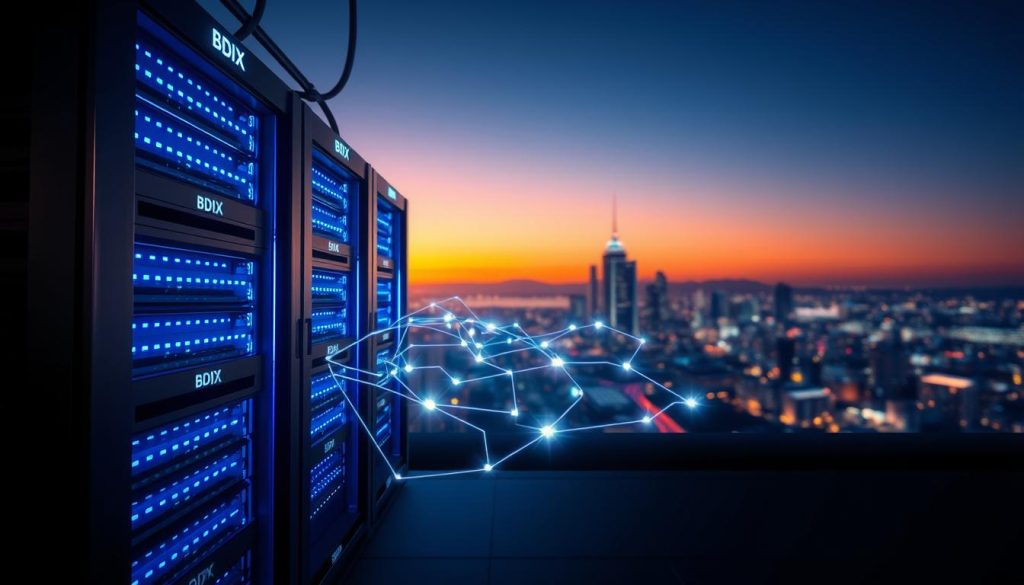 A digital illustration depicting the concept of shared hosting. In the foreground, a sleek, modern server rack labeled "BDIX Server" glows with blue LED lights, showcasing multiple interconnected servers. The middle ground features an abstract visualization of data transfer, with luminous lines representing network connections flowing between the servers to symbolize shared resources. In the background, a cityscape fades into the distance, with a gradient sky transitioning from warm orange to deep blue, suggesting the passage of time and stability. The lighting should be dynamic, creating a contrast between the bright servers and the subtly darkening city behind. The mood should evoke a sense of reliability and technological advancement, emphasizing the historical performance of shared hosting plans.