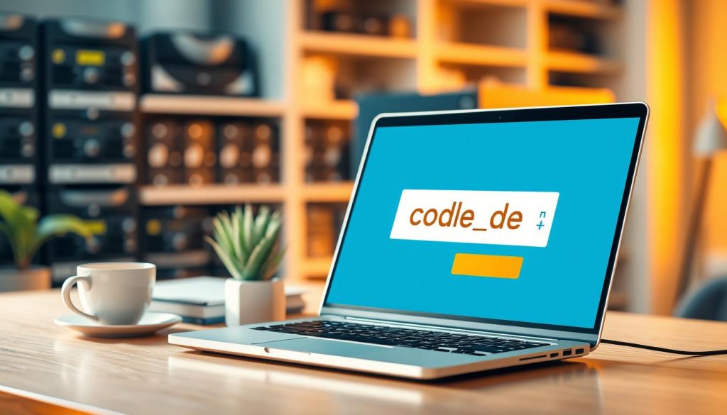 A digital illustration of a checkout screen featuring a visually appealing promo code entry field. In the foreground, a realistic depiction of a sleek laptop with a modern design sits on a clean, well-organized desk, with the promo code in a bright, eye-catching font displayed prominently on the screen. In the middle ground, a coffee mug and a small potted plant enhance the workspace atmosphere. The background features soft focus shelves with neatly arranged server hardware, emphasizing the theme of online hosting. The lighting is warm and inviting, casting gentle shadows, creating a professional yet cozy atmosphere. The composition should reflect a sense of urgency and excitement, encouraging viewers to apply their promo codes. A digital illustration of a checkout screen featuring a visually appealing promo code entry field. In the foreground, a realistic depiction of a sleek laptop with a modern design sits on a clean, well-organized desk, with the promo code in a bright, eye-catching font displayed prominently on the screen. In the middle ground, a coffee mug and a small potted plant enhance the workspace atmosphere. The background features soft focus shelves with neatly arranged server hardware, emphasizing the theme of online hosting. The lighting is warm and inviting, casting gentle shadows, creating a professional yet cozy atmosphere. The composition should reflect a sense of urgency and excitement, encouraging viewers to apply their promo codes.