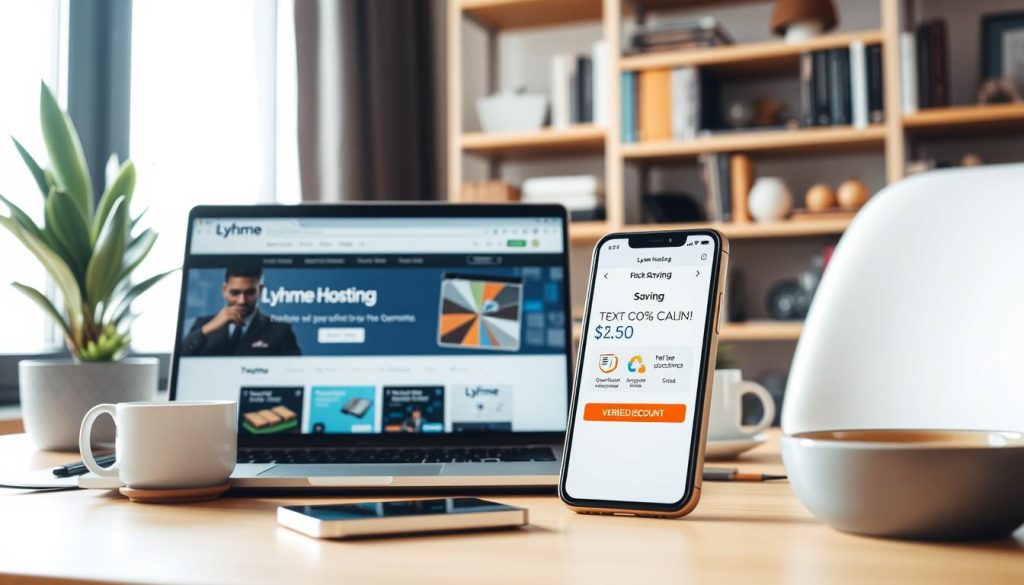 A digital workspace featuring a modern laptop displaying the Lyhme Hosting website with visible discount coupons. In the foreground, a sleek smartphone shows a notification of a verified discount, emphasizing savings. The middle ground includes a stylish desk with a potted plant and a cup of coffee, contributing to a productive atmosphere. In the background, a well-organized bookshelf filled with tech books and decorative items adds depth. The lighting is bright and natural, streaming in through a window, creating a warm, inviting mood. The image captures the essence of online savings and tech-savvy decision-making, with no text or branding included. A digital workspace featuring a modern laptop displaying the Lyhme Hosting website with visible discount coupons. In the foreground, a sleek smartphone shows a notification of a verified discount, emphasizing savings. The middle ground includes a stylish desk with a potted plant and a cup of coffee, contributing to a productive atmosphere. In the background, a well-organized bookshelf filled with tech books and decorative items adds depth. The lighting is bright and natural, streaming in through a window, creating a warm, inviting mood. The image captures the essence of online savings and tech-savvy decision-making, with no text or branding included.