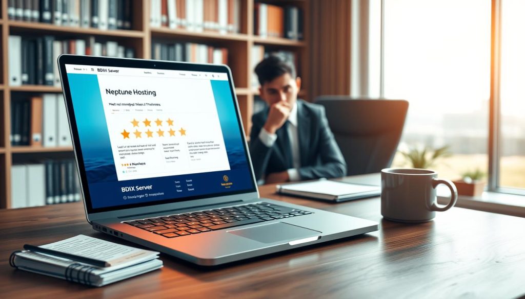 A digital workspace showcasing "Neptune Hosting Reviews" comes to life in a professional office setting. In the foreground, a sleek laptop displays an open review website with a star rating system and testimonials about Neptune Hosting. Beside the laptop, a notepad with handwritten notes and a coffee cup create an inviting work atmosphere. The middle layer features a person in professional business attire, engaged in deep thought while analyzing the reviews, face illuminated by the soft glow of the laptop screen. The background consists of a well-organized bookshelf filled with tech books and a large window revealing a serene, blue sky, symbolizing Neptune. The overall mood conveys trust and professionalism, with warm lighting adding a comforting touch. The brand name "BDIX Server" subtly integrated within the laptop display completes the scene.