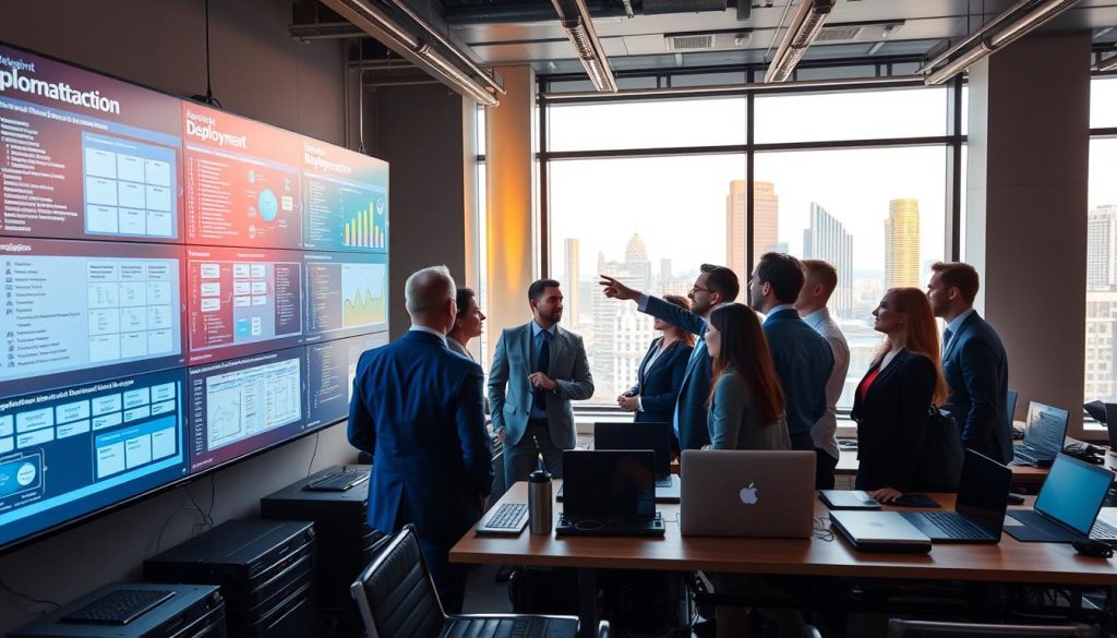 A dynamic DevOps environment illustrating a collaborative workspace, featuring a modern office with multiple screens displaying code, cloud architecture diagrams, and deployment analytics. In the foreground, a diverse group of professionals in business attire engage in discussion, pointing at a large digital board filled with agile workflow charts. The middle ground reveals laptops and technical equipment, including servers and networking devices, organized with precision. The background shows a large window with vibrant city views, bathed in warm, natural light, creating an inviting yet focused atmosphere. The image captures the essence of teamwork and technology, with a sense of innovation and productivity, using a wide-angle perspective to enhance depth.