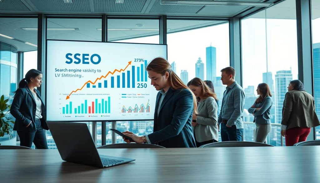 A dynamic and modern office environment focusing on the concept of SEO visibility. In the foreground, a diverse group of professionals in smart casual business attire collaborates over a sleek laptop, analyzing digital charts and graphs displaying SEO metrics. The middle ground features a large screen showcasing a visually engaging infographic on search engine rankings and visibility, with arrows pointing upward symbolizing growth. The background captures a city skyline through a glass wall, symbolizing Houston's vibrant business landscape. Soft, natural lighting floods the space, creating an inspiring atmosphere. The angle is slightly elevated to emphasize the collaboration and focus on digital strategies, with a contemporary color palette that blends blues and greens for a fresh, tech-savvy feel.