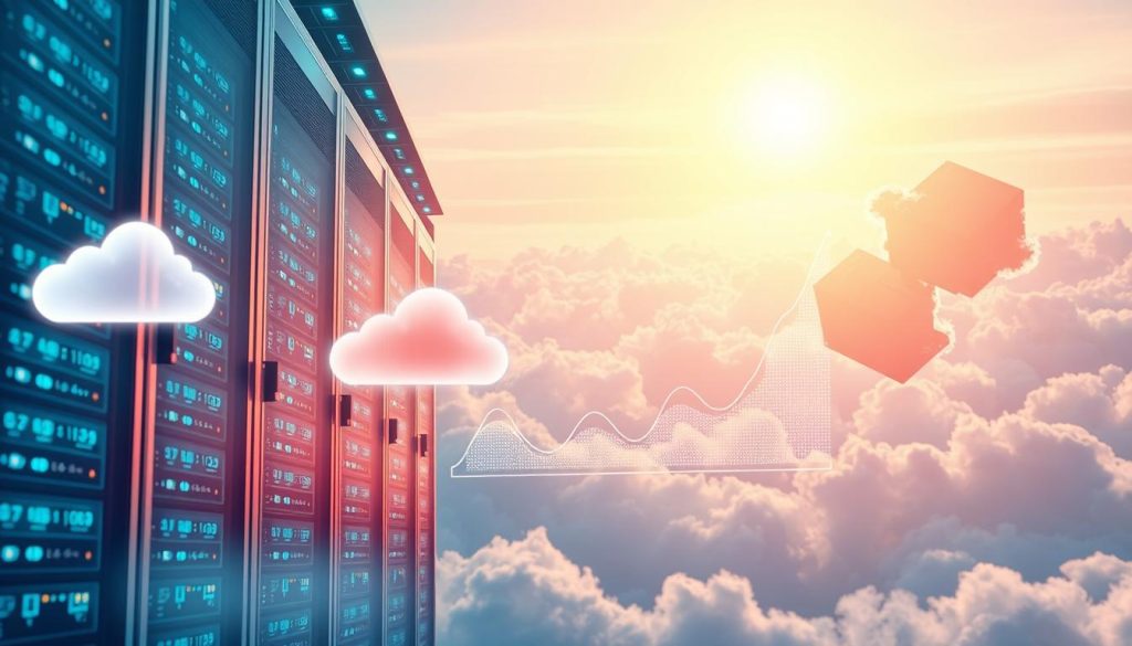 A dynamic and visually engaging illustration of auto-scaling cloud hosting, featuring a futuristic data center in the foreground with sleek servers and glowing data streams. In the middle ground, depict cloud icons rising and expanding gracefully, symbolizing scalability, while animated graphs illustrate performance metrics. The background should showcase a serene sky filled with fluffy clouds, representing the cloud hosting environment. Use bright, vibrant lighting to create a sense of optimism and innovation. The angle should be a slightly elevated perspective, adding depth to the composition. The overall mood should convey cutting-edge technology and reliability, ideal for enhancing understanding of scalability in cloud hosting solutions.