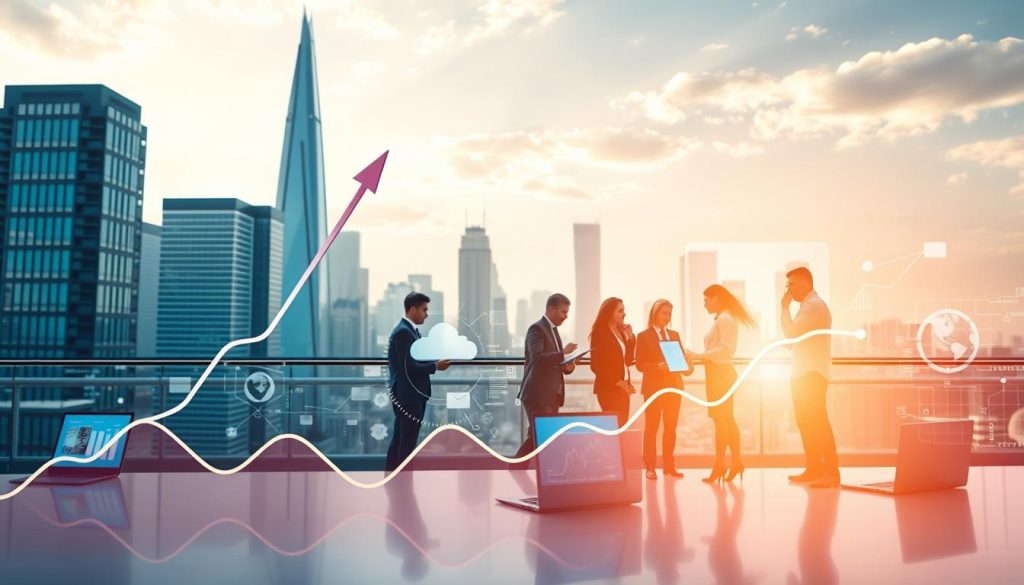 A dynamic and visually engaging representation of scalability in a business context. In the foreground, showcase an upward-trending graph, symbolizing growth, with various digital devices like laptops and tablets displaying analytics. In the middle ground, depict a diverse group of professionals in business attire collaborating over cloud-based technology, surrounded by holographic interfaces and data streams, emphasizing teamwork and innovation. The background features a futuristic skyline with towering buildings, symbolizing a thriving business environment. Use warm, inviting lighting to create a hopeful atmosphere that conveys the potential for expansion and progress. Capture the scene from a slightly elevated angle to provide a comprehensive view of the interactions, highlighting a sense of forward momentum and opportunity.