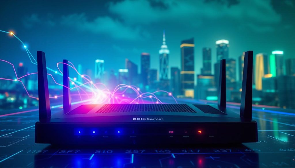 A dynamic digital landscape illustrating "bandwidth." In the foreground, visualize a sleek router emitting vibrant data streams in various colors, symbolizing active data transfer. In the middle ground, depict a stylized representation of network traffic, with flowing lines of light connecting different nodes, showing traffic performance across a network. The background features a futuristic city skyline with glowing data visualizations and graphs, implying advanced technology and connectivity. Use soft blue and green lighting to convey a professional and trustworthy atmosphere. Include a clear focus on the brand name "BDIX Server," subtly integrated into the scene. Capture this image from a low-angle perspective to emphasize the importance of bandwidth management in a modern, digital world.