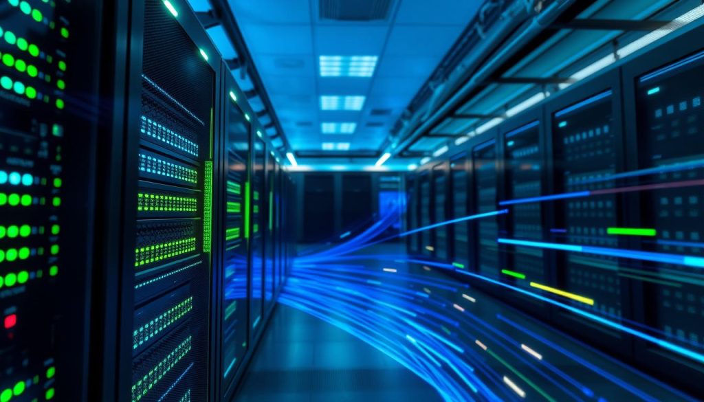 A dynamic digital representation of server speed, showcasing a sleek, futuristic server rack in the foreground, illuminated with vibrant blue and green LEDs to symbolize active data flow. In the middle ground, visualize glowing data streams racing along fiber optic cables, creating a sense of rapid movement. The background features a high-tech data center with rows of servers and soft, ambient lighting casting a cool tone, enhancing the feeling of efficiency and power. Use a wide-angle lens perspective to emphasize depth, making the server rack appear prominent and the data streams seem fast and energetic. The overall atmosphere should evoke a sense of cutting-edge technology and high performance, ideal for illustrating server response times.