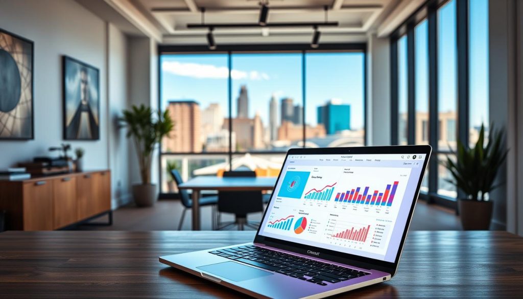 A dynamic digital workspace showcasing a modern, user-friendly website interface on a sleek laptop. In the foreground, the laptop is open with a bright screen displaying graphs, analytics, and a vivid color scheme reflecting Cincinnati's skyline. The middle section features a stylish office environment with minimalist decor and greenery, emphasizing a sense of professionalism. In the background, a large window reveals a panoramic view of Cincinnati, with its iconic architecture and a clear blue sky. The lighting is bright and inviting, capturing a productive atmosphere. A camera angle from a slight overhead perspective adds depth, highlighting the website's interactivity and potential for growth in a bustling business hub.