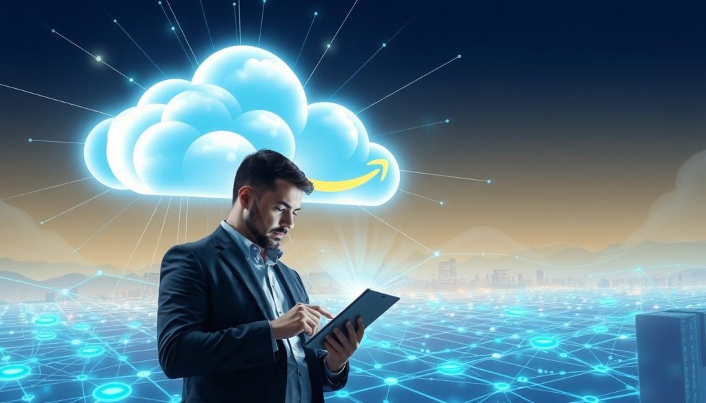 A dynamic illustration of Amazon Web Services (AWS) cloud hosting, focusing on a central, robust cloud structure emitting soft azure and white lights. In the foreground, a professional in business attire is examining data on a sleek digital tablet, their face illuminated by the glowing data streams. The midground features a series of interconnected networks and nodes symbolizing server communication, with a blend of blue and green hues to suggest secure data flow. The background showcases a vast digital landscape, with abstract representations of data centers and fluctuating lines representing network traffic against a gradient sky. The atmosphere conveys innovation and reliability, with a high-tech, yet approachable mood, emphasizing AWS as a leader in comprehensive cloud infrastructure solutions.