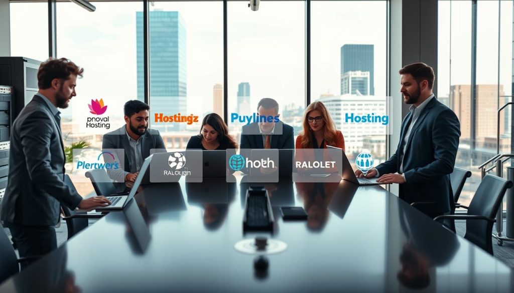 A dynamic, modern workspace showcasing top hosting providers for Triangle businesses. In the foreground, a diverse group of four professionals, two men and two women, are collaborating around a sleek conference table with laptops open, dressed in business attire. In the middle ground, prominently displayed are logos of popular hosting brands seamlessly integrated into the office decor, with high-tech equipment like servers and network devices visible. The background features large windows allowing natural light to flood the space, revealing a vibrant Raleigh cityscape. Capture the atmosphere of innovation and professionalism, with vibrant colors and soft shadows to enhance depth. The angle should be slightly elevated for a comprehensive view of the collaboration.