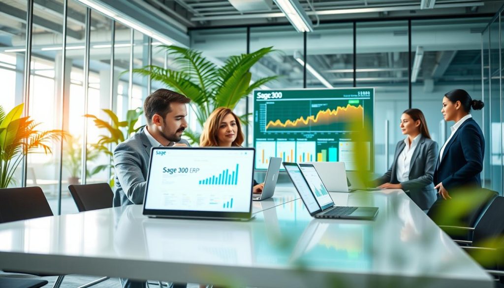 A dynamic office environment showcasing a professional business setting, featuring a diverse group of business individuals dressed in smart casual attire. In the foreground, a focused male and female team member collaborate around a sleek, modern conference table with laptops displaying Sage 300 ERP software on their screens. In the middle ground, a large digital display shows a vibrant analytics dashboard, representing infrastructure scaling and business data. The background features a spacious office with glass walls, natural lighting streaming in, and lush green plants for a fresh atmosphere. The angle is slightly elevated to capture the teamwork and energy in the room, conveying a mood of innovation and growth. The overall color palette is bright and inviting, emphasizing a modern, tech-driven workspace.