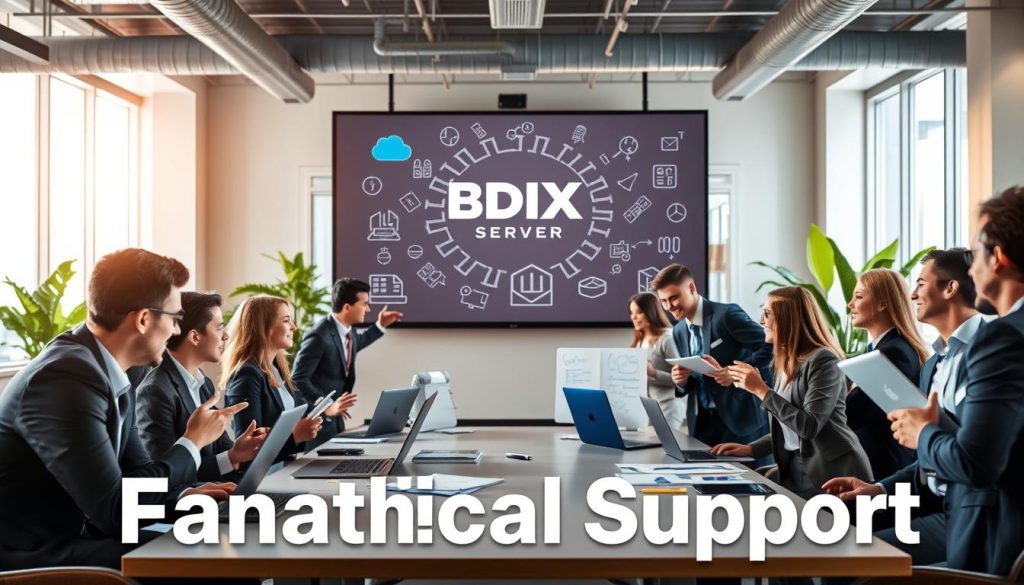 A dynamic scene showcasing the concept of "fanatical support" in a corporate environment. In the foreground, a diverse team of professionals in smart business attire enthusiastically engaging in a collaborative meeting, using laptops and whiteboards filled with diagrams and ideas. In the middle ground, a large display screen prominently features the "BDIX Server" logo, surrounded by visuals representing data and connectivity. The background includes an open office space with modern decor and green plants, enhancing the atmosphere of innovation and energy. Soft, warm lighting casts a welcoming glow, creating an inspiring and motivating mood. The angle is slightly tilted to capture the excitement and commitment of the team, emphasizing their dedication to exceptional support.
