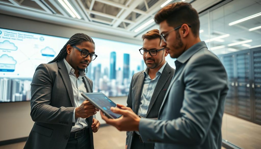 A dynamic scene showcasing the concept of strategic management in a hybrid cloud environment. In the foreground, a diverse team of three business professionals in smart casual attire, deeply engaged in discussion over a digital tablet displaying cloud data analytics. The middle ground features a modern office space with large screens showing cloud infrastructure diagrams and technology frameworks, creating a high-tech ambience. The background illustrates a split view of a cityscape transitioning into a server room filled with equipment, symbolizing the integration of on-premise and cloud assets. Soft, diffused lighting enhances a focused atmosphere, with a slight depth of field to draw attention to the team. The overall mood is collaborative and innovative, reflecting forward-thinking in technology management.
