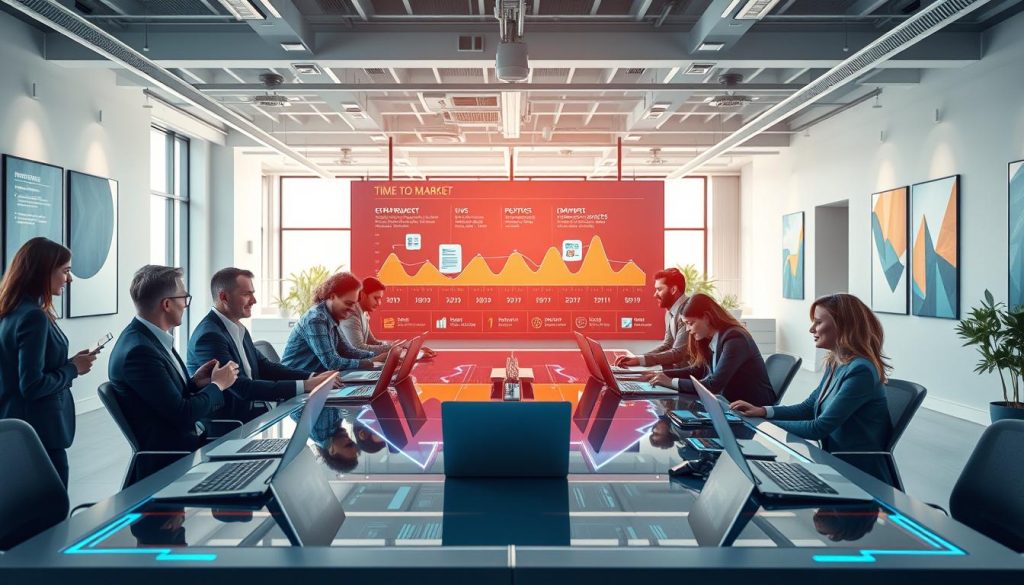 A dynamic scene symbolizing "accelerating time to market" in a modern business environment. In the foreground, a diverse group of professionals in business attire work collaboratively around a high-tech conference table, with laptops and digital devices displaying innovative graphs and metrics. In the middle, a large digital screen shows a futuristic timeline illustrating rapid project milestones and product launches, glowing with vibrant colors. The background features an open office space with sleek design, large windows letting in natural light, and modern artwork on the walls, creating an energetic and inspiring atmosphere. The scene captures a sense of urgency and progress, conveyed through upward angles and bright, optimistic lighting effects.