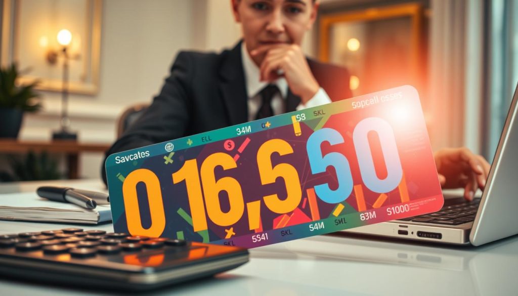 A dynamic, visually engaging composition focused on a vibrant discount code design. In the foreground, showcase a large, eye-catching discount code card with bold, colorful digits and symbols that evoke savings. The card is partially obscured by essential items like a calculator and a laptop, emphasizing the digital nature of discount codes. In the middle ground, include a faint outline of hands in professional business attire, appearing to work thoughtfully on the laptop, symbolizing research and analysis. The background should be an elegant office setting, softly lit to create a warm and inviting atmosphere. The light plays gently across the scene, highlighting the discount code and creating a sense of optimism and opportunity. The overall mood should feel focused and professional, invoking trust and reliability.