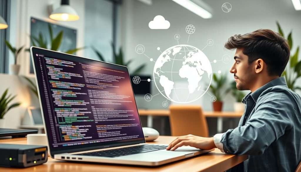 A dynamic workspace showcasing the concept of decentralized web hosting. In the foreground, a modern laptop displays intricate code snippets and digital icons representing various decentralized technologies, like blockchain and peer-to-peer networks. A person, dressed in smart casual attire, intently analyzes the screen, with a thoughtful expression, symbolizing the practical aspect of hosting a website. In the middle ground, a stylized globe with interconnected nodes illustrates global connectivity, while visual elements like server nodes and cloud icons float around. The background features a softly lit office environment with plants and tech gadgets, creating a calm and innovative atmosphere. The lighting is warm and inviting, highlighting the person and technology, shot at a slight angle to emphasize depth.