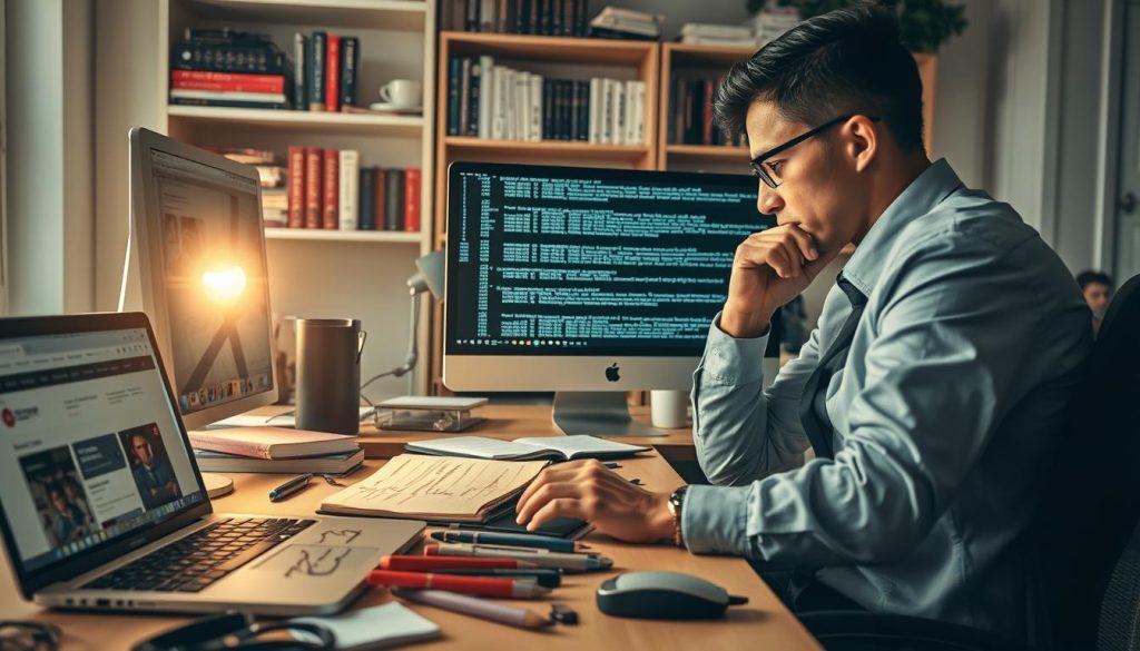 A focused scene depicting a computer workspace illustrating "promo code troubleshooting." In the foreground, a professional individual in business attire is seated at a desk, intently examining a computer screen displaying lines of code and error messages, with a frustrated yet determined expression. The middle ground features an array of tools and notes scattered around the desk, such as a notepad with scribbled troubleshooting steps and a laptop showing websites with server deals. The background has a softly lit room with shelves containing books on coding and software development, creating a contrast between the clutter of a troubleshooting session and the organized knowledge base. The atmosphere is one of diligence and problem-solving, emphasizing the challenge of resolving common code errors. Use soft, diffused lighting to enhance focus on the person and workspace, captured at a slightly angled perspective to create depth. A focused scene depicting a computer workspace illustrating "promo code troubleshooting." In the foreground, a professional individual in business attire is seated at a desk, intently examining a computer screen displaying lines of code and error messages, with a frustrated yet determined expression. The middle ground features an array of tools and notes scattered around the desk, such as a notepad with scribbled troubleshooting steps and a laptop showing websites with server deals. The background has a softly lit room with shelves containing books on coding and software development, creating a contrast between the clutter of a troubleshooting session and the organized knowledge base. The atmosphere is one of diligence and problem-solving, emphasizing the challenge of resolving common code errors. Use soft, diffused lighting to enhance focus on the person and workspace, captured at a slightly angled perspective to create depth.