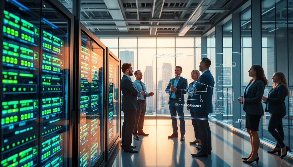 A futuristic business environment showcasing a performance containerized architecture. In the foreground, a sleek server rack filled with illuminated, neatly arranged containers, glowing with a blue and green hue to symbolize high performance. The middle ground features a team of diverse professionals in business attire, discussing the architecture’s components, pointing at a digital holographic display illustrating data flows and network optimization. The background shows a modern office with floor-to-ceiling windows revealing a vibrant cityscape; sunlight streams in, casting dynamic shadows that enhance the tech-centric atmosphere. Capture the essence of innovation and collaboration, using a wide-angle lens to create depth, focusing on clean lines and vivid, crisp details. The overall mood is energetic and forward-thinking, embodying the cutting-edge nature of containerized technology.