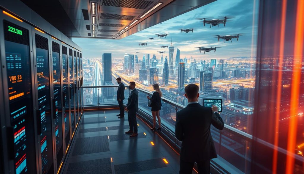 A futuristic cityscape showcasing advanced technology in a Max Speed Zone. In the foreground, a sleek, high-performance server room filled with glowing, high-tech equipment and LED screens displaying dynamic data metrics. In the middle ground, modern office spaces are bustling with professionals in business attire, engaging with tablet devices and holographic displays, epitomizing speed and efficiency. The background features a panoramic view of a vibrant skyline, with flying drones and high-speed transport systems illustrating a cutting-edge digital environment. Soft, ambient lighting casts a warm glow, accentuating the high-tech ambiance. A wide-angle lens effect captures the depth, conveying a sense of motion and innovative performance benefits. The overall mood is energetic and inspiring, reflecting the spirit of advanced technology.