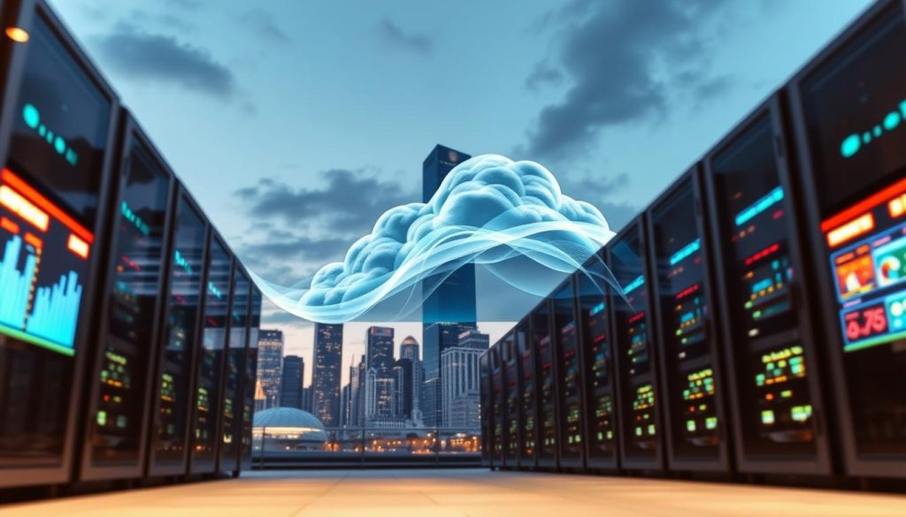 A futuristic cloud-based data center illustrating the concept of "helix core cloud". In the foreground, sleek, digital servers with illuminated interfaces display vibrant graphs and data streams, showcasing the efficiency of cloud hosting. In the middle ground, an abstract representation of cloud technology, with swirling, ethereal blue and white hues that evoke a sense of speed and agility. The background features a city skyline at dusk, with soft, ambient lighting to create a professional yet innovative atmosphere. The angle is slightly low to emphasize the towering cloud structure, capturing a sense of depth and significance. The overall mood is inspiring and forward-looking, conveying the advantages of modern technology in development processes.