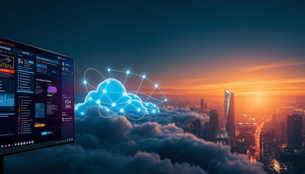 A futuristic cloud desktop environment showcased prominently in the foreground, featuring sleek digital interfaces and vibrant, interactive components. The middle ground presents a series of abstract cloud structures, symbolizing high-speed data transfer and optimal performance, with glowing nodes and light trails connecting them. In the background, a panoramic city skyline is illuminated by the warm glow of sunset, reflecting innovation and technological advancement. The lighting is soft but dramatic, with a focus on the central elements creating a sense of depth. The mood is inspiring and dynamic, conveying the cutting-edge nature of cloud computing and efficiency, designed to enhance business operations seamlessly.