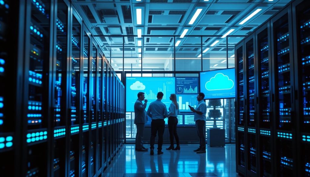 A futuristic data center highlighting the IBM iSeries Cloud hosting environment. In the foreground, showcase sleek, modern server racks filled with glowing blue lights, emphasizing cutting-edge technology. In the middle, depict a team of professionals in business attire engaged in collaboration, analyzing data on large digital screens displaying charts and cloud graphics. The background features a high-tech architecture with glass walls, bathed in bright, ambient lighting streaming through, creating a clean, efficient atmosphere. Use a slightly angled perspective for depth, capturing the essence of innovation and teamwork. The mood should be energetic yet focused, showcasing the essential tools and technologies that power modern workloads without any text or watermarks.