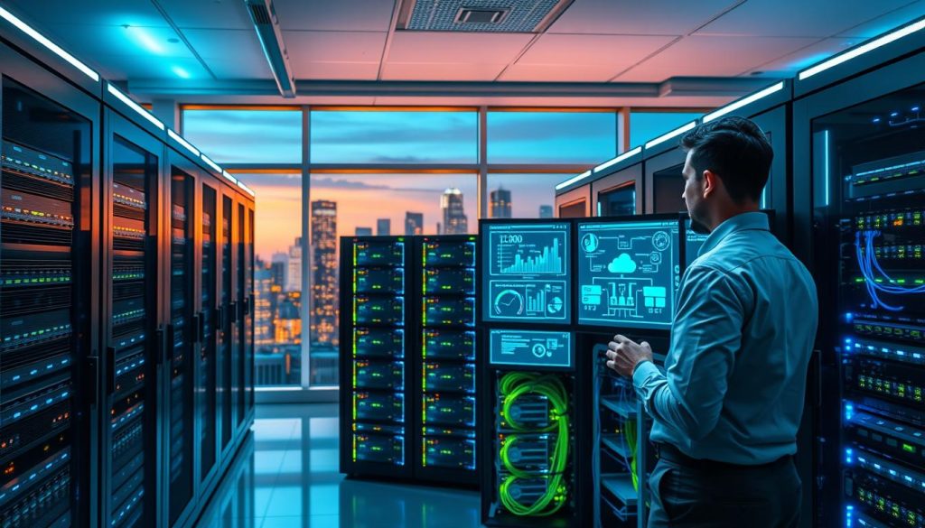 A futuristic data center room filled with sleek server racks and glowing LED lights. In the foreground, a professional IT technician in business attire is attentively monitoring multiple screens displaying complex data analytics and cloud infrastructure diagrams. The middle layer shows rows of advanced servers, interconnected with colorful fiber optic cables, radiating a soft blue and green glow. The background features large windows revealing a city skyline of Philadelphia, with a twilight atmosphere casting a warm, inviting light into the room. The setting is bright and clean, emphasizing a sense of advanced technology and innovation in cloud hosting services. Capture the mood of efficiency and professionalism, ensuring the image feels modern and dynamic, without any text or watermarks.