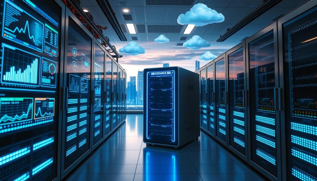 A futuristic data center showcasing a scaling resources server at the forefront, surrounded by vibrant digital interfaces displaying real-time analytics and performance metrics. In the middle ground, rows of sleek, modern server racks with blinking LED lights pulsate in a cool blue hue, symbolizing rapid processing capability. The background features a panoramic view of a city skyline with cloud motifs woven into the atmosphere, indicating cloud integration and digital connectivity. The lighting is a dynamic blend of cool and warm tones, casting a focus on the server while ensuring the space has a professional and innovative atmosphere. The overall mood is one of efficiency and technological advancement, capturing the essence of meeting growing business demands seamlessly.