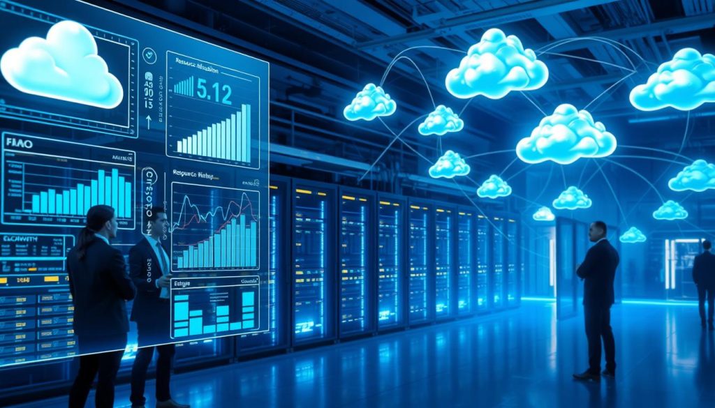 A futuristic digital landscape depicting advanced resource allocation in cloud hosting. In the foreground, transparent holographic interfaces showcase real-time data analytics and resource distribution graphs, with people in professional business attire interacting thoughtfully with the interfaces, illustrating collaboration. The middle ground features a high-tech server room with illuminated racks, symbolizing scalability and efficiency, bathed in soft blue lighting to convey a calm yet advanced atmosphere. In the background, abstract cloud structures float, representing virtual resources, with a dynamic network of lines connecting them, suggesting seamless integration. The scene is captured from a slightly elevated angle, utilizing a wide lens to immerse viewers in the advanced technology environment, emphasizing innovation and forward-thinking in business growth.