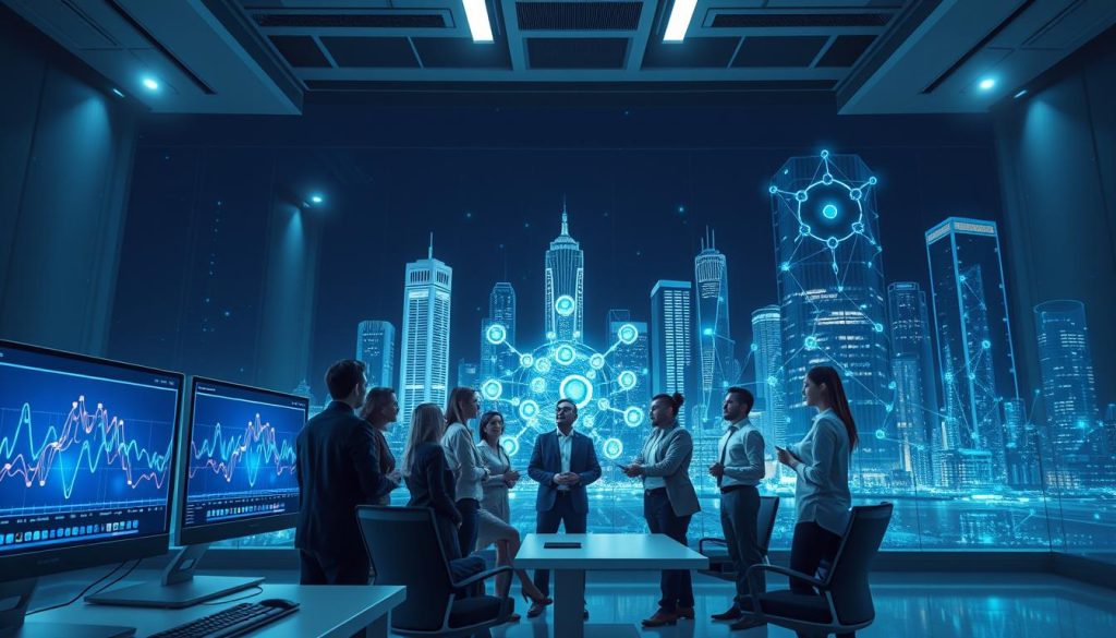 A futuristic digital workspace illustrating decentralized web hosting. In the foreground, a sleek, modern computer setup with multiple screens displaying vibrant graphs and blockchain networks, symbolizing connectivity and data sharing. The middle ground features a diverse group of professionals in business attire, engaged in animated discussion around a holographic display showcasing a decentralized network map. In the background, a cityscape of abstract buildings made of interconnected nodes and circuits, reflecting advanced technology. Soft, diffused lighting creates a collaborative and innovative atmosphere, while a wide-angle view captures the sense of openness and connectivity. The color palette includes cool blues and greens, emphasizing a high-tech, digital theme.