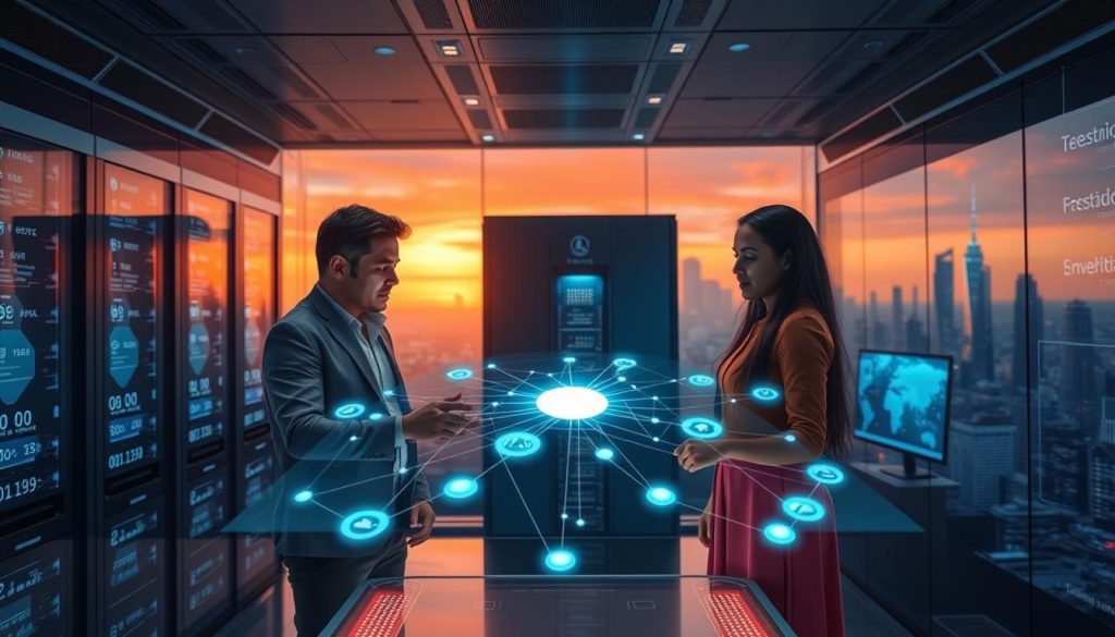 A futuristic illustration of decentralized web hosting technology. Foreground: two diverse professionals in smart casual attire, discussing over a holographic interface displaying interconnected nodes symbolizing a decentralized network. Middle: a sleek, high-tech room filled with servers and digital screens showcasing data flowing between various nodes. Background: a panoramic view of a city skyline at dusk, with digital billboards promoting decentralized applications. Soft, ambient lighting bathes the scene, creating a sense of innovation and collaboration. The angle is slightly elevated and wide, emphasizing the breadth of technologies involved. The atmosphere is vibrant yet focused, reflecting a professional environment that champions cutting-edge solutions in web hosting.