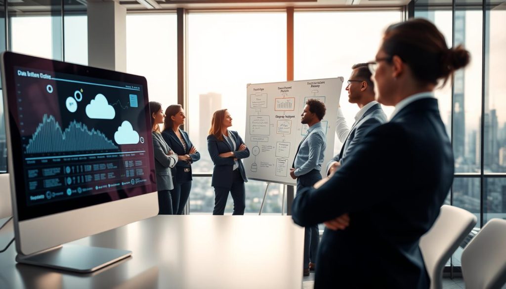 A futuristic office environment showcasing various data backup strategies. In the foreground, a sleek desktop computer displays animated graphs and cloud storage icons, suggesting active monitoring of data. The middle layer features a diverse group of professionals in smart business attire, engaging in a discussion around a whiteboard filled with diagrams representing disaster recovery plans and backup methods. In the background, large windows reveal a city skyline, bathed in soft, natural light, creating an inspiring atmosphere. The scene is captured with a slight depth of field, focusing on the professionals while the technology and diagrams are slightly blurred, adding a sense of dynamism. The mood is collaborative and forward-thinking, emphasizing the importance of data security in modern business practices.