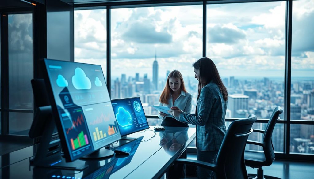 A futuristic office setting showcasing various cloud hosting options. In the foreground, a sleek, high-tech workstation with multiple transparent screens displaying colorful graphs and cloud service interfaces, radiating a soft blue light. In the middle ground, diverse professionals in business attire discuss and collaborate over a digital tablet, showcasing teamwork and innovation. The background features a city skyline under a dramatic sky, filled with epic clouds, symbolizing the vast possibilities of cloud hosting. Soft ambient lighting creates a motivating atmosphere, with a depth of field effect focusing sharply on the workspace and lightly blurring the distant cityscape. The image emanates a sense of success, progress, and the future of technology.