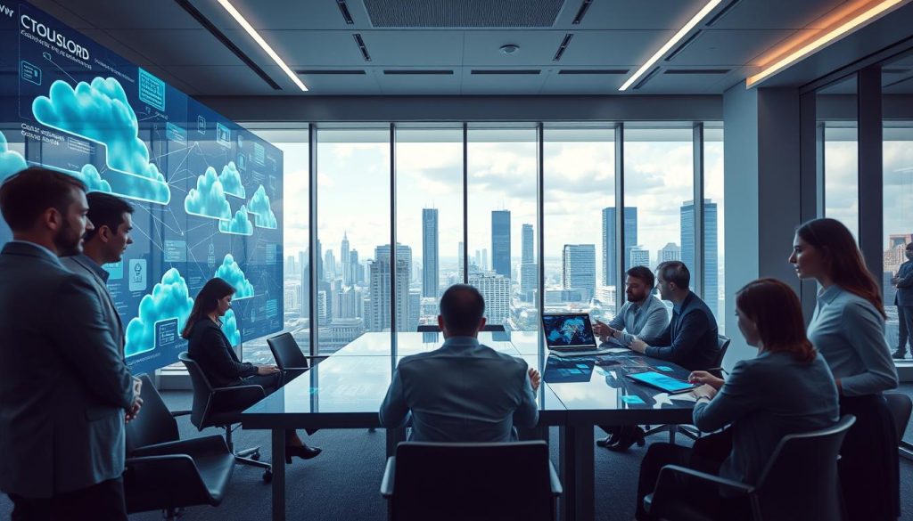A futuristic office space highlighting the concept of digital transformation through hybrid cloud technology. In the foreground, a diverse group of professionals in business attire collaborates around a sleek conference table, studying digital interfaces projecting cloud data. The middle ground features large transparent screens displaying vivid graphics of cloud networks, interconnected systems, and data analytics. The background showcases a modern city skyline through large windows, emphasizing a blend of technology and urban innovation. Soft, ambient lighting enhances a productive atmosphere, with a focus on deep blues and greens to convey trust and growth. The scene, captured from eye-level to create an engaging perspective, embodies the challenges and solutions in digital transformation.
